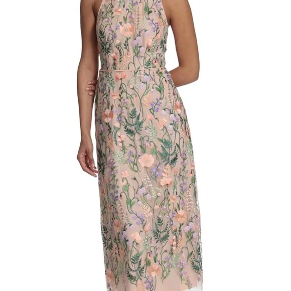 Maggy London Women's Floral Embroidered Halter Midi Dress with Back V-Neck - Picture 10 of 12